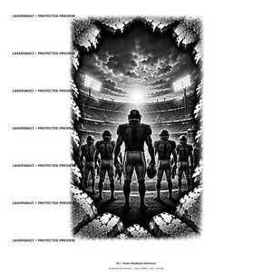 May include: A black and white graphic illustration of a football team standing on a field, viewed from behind, facing a stadium under bright lights. The image is framed by a jagged, stone-like border and features the text LASERVAULT PROTECTED PREVIEW.