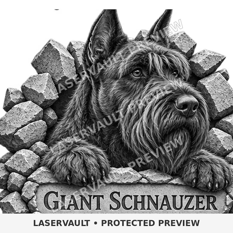 Puede incluir: Una ilustraci&oacute;n en blanco y negro de un perro Schnauzer gigante emergiendo de un mont&oacute;n de piedras apiladas. El perro tiene un pelaje texturizado y orejas puntiagudas. Debajo, una placa de piedra muestra el texto GIANT SCHNAUZER en negrita.