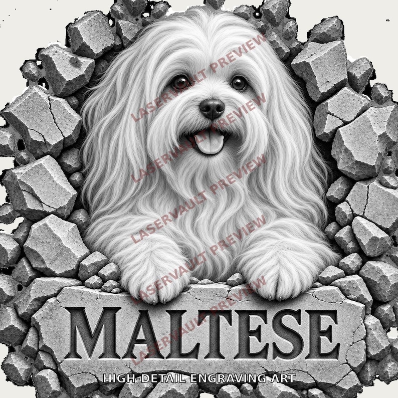 以下が含まれることがあります： ひび割れた石壁から現れる長毛のマルチーズ犬を描いた白黒のグラフィックイラスト。犬は舌を出して幸せそうな表情をしています。犬の下には、石板に彫られた「MALTESE」という文字があります。