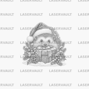 May include: A greyscale pencil-style illustration of a hedgehog wearing a Santa hat, positioned behind a square gift box tied with a large bow. The scene is decorated with pine branches, holly berries, and pinecones, all resting on snow.