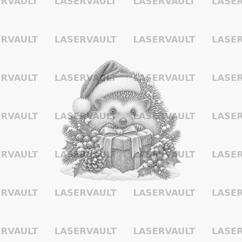 May include: A greyscale pencil-style illustration of a hedgehog wearing a Santa hat, positioned behind a square gift box tied with a large bow. The scene is decorated with pine branches, holly berries, and pinecones, all resting on snow.