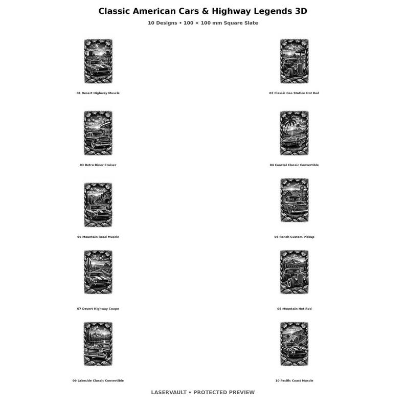 Puede incluir: Una colecci&oacute;n de diez losas de pizarra cuadradas de 100 x 100 mm titulada Classic American Cars & Highway Legends 3D. Cada losa presenta una ilustraci&oacute;n grabada en blanco y negro de un veh&iacute;culo cl&aacute;sico en un paisaje &uacute;nico.