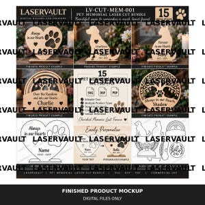 Op de afbeelding: Een digitale collectie van 15 lasergesneden huisdier-gedenkontwerpen met houten vormen van harten, honden, katten, regenbogen en bomen met gegraveerde teksten. Bevat SVG-, DXF- en PDF-bestandsformaten voor gepersonaliseerde gedenktekens voor huisdieren.