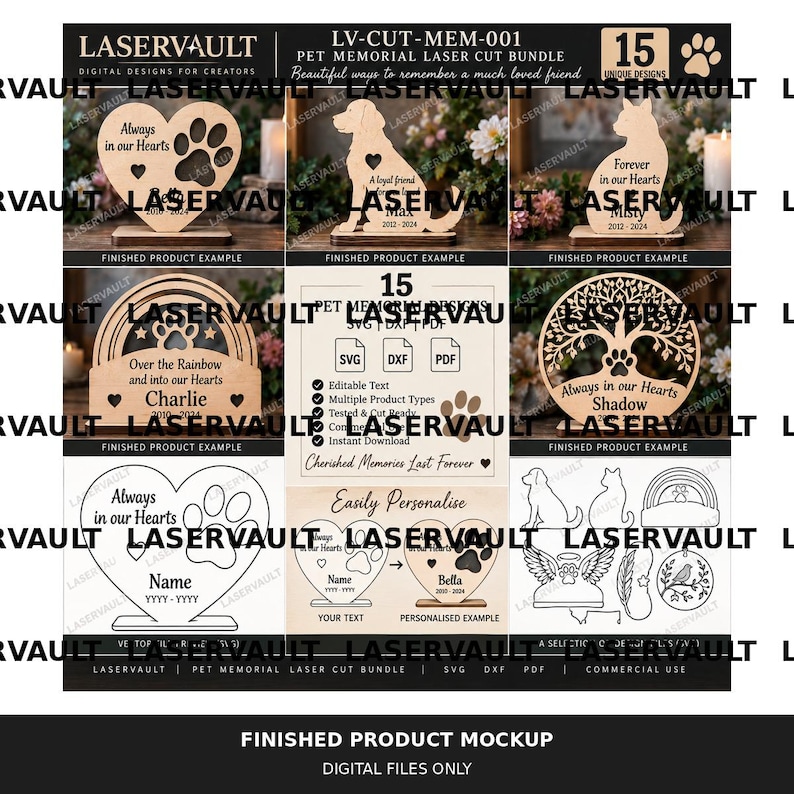 Op de afbeelding: Een digitale collectie van 15 lasergesneden huisdier-gedenkontwerpen met houten vormen van harten, honden, katten, regenbogen en bomen met gegraveerde teksten. Bevat SVG-, DXF- en PDF-bestandsformaten voor gepersonaliseerde gedenktekens voor huisdieren.