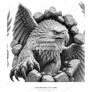 May include: A black and white graphic illustration of a griffin emerging from a broken stone wall. The creature has a sharp beak, feathered head, and large talons reaching forward. The text LASERVAULT PROTECTED PREVIEW is centred on the image.