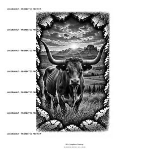 May include: A black and white digital illustration of a longhorn steer standing in a grassy field, framed by a textured, cracked border. The background features a desert landscape with mesas under a cloudy sky. Text reads LASERVAULT PROTECTED PREVIEW.