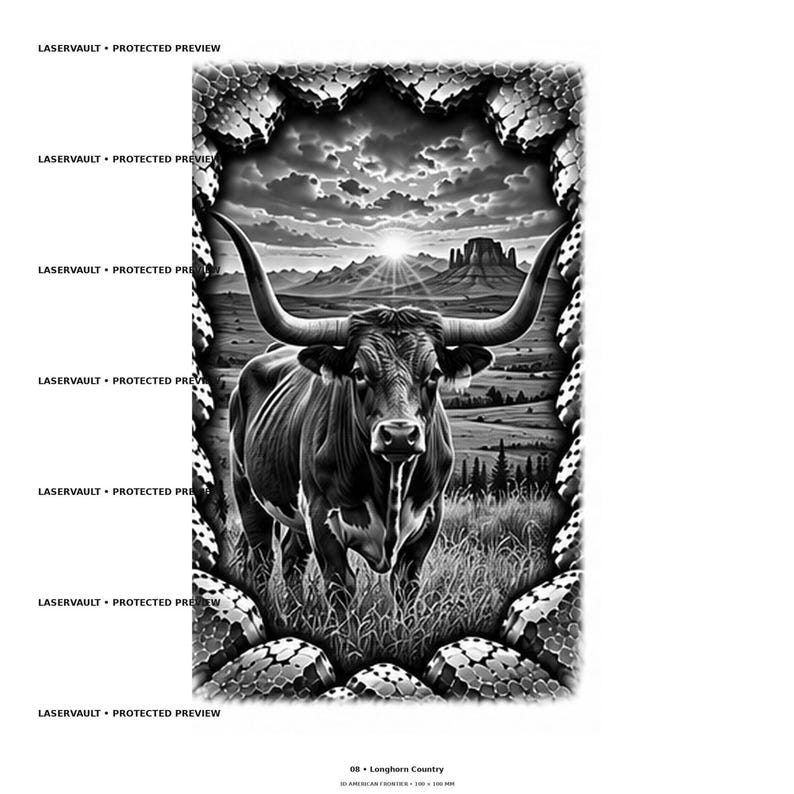 May include: A black and white digital illustration of a longhorn steer standing in a grassy field, framed by a textured, cracked border. The background features a desert landscape with mesas under a cloudy sky. Text reads LASERVAULT PROTECTED PREVIEW.
