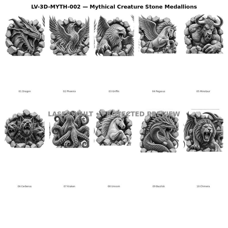 May include: A collection of ten grey stone medallions labelled LV-3D-MYTH-002 Mythical Creature Stone Medallions. Each circular piece features a high-relief carving of a mythical creature including a dragon, phoenix, griffin, pegasus, minotaur, cerberus, kraken, unicorn, basilisk, and chimera emerging from a cracked stone wall background.