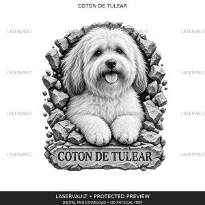 Coton de Tulear 3D Breakout lasergravyr PNG, gråskala och svartvit hund digital nedladdning