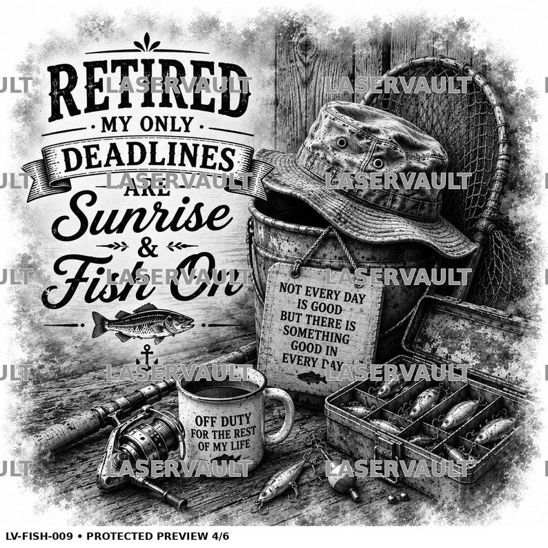 Puede incluir: Un dise&ntilde;o gr&aacute;fico en blanco y negro que muestra un cubo con un sombrero, una red de pesca, una caja de aparejos con se&ntilde;uelos, una ca&ntilde;a de pescar y una taza. El texto dice: RETIRED MY ONLY DEADLINES ARE Sunrise & Fish On, NOT EVERY DAY IS GOOD BUT THERE IS SOMETHING GOOD IN EVERY DAY, OFF DUTY FOR THE REST OF MY LIFE.