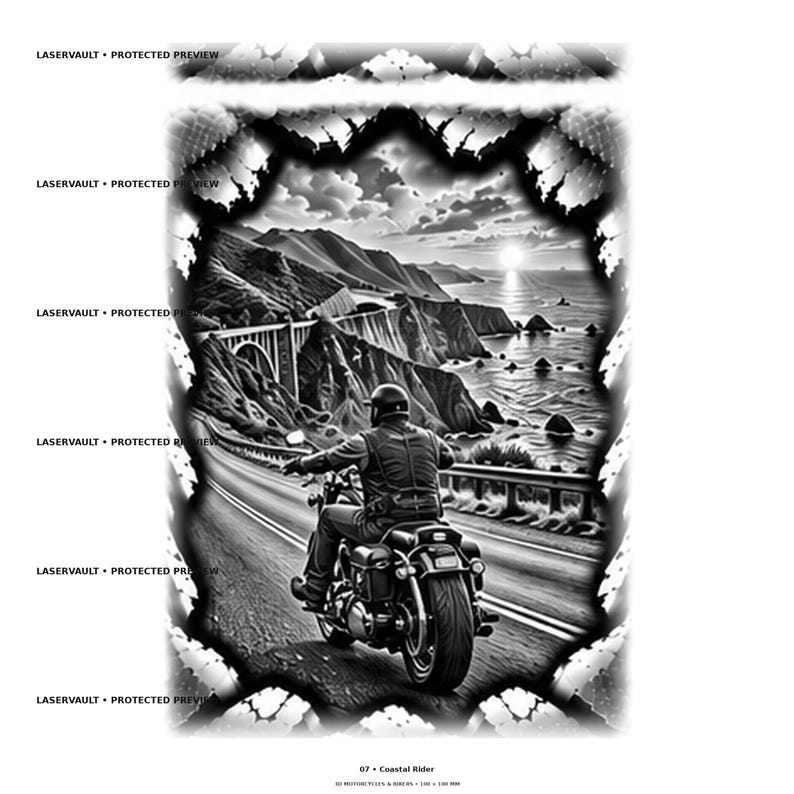 May include: A black and white graphic print featuring a motorcyclist riding along a coastal highway with a bridge and ocean sunset in the background. The image is framed by a jagged, torn-paper effect and includes the text LASERVAULT PROTECTED PREVIEW.