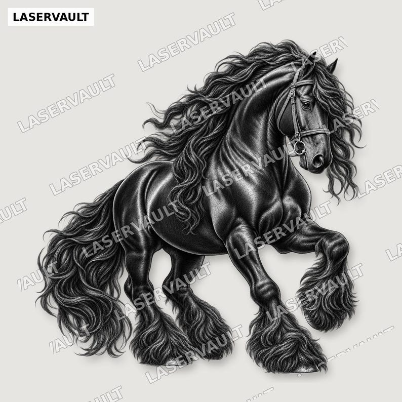 Puede incluir: Una ilustraci&oacute;n en blanco y negro de un caballo fris&oacute;n con una larga melena y cola onduladas, que lleva una brida. El caballo aparece en una pose din&aacute;mica con una pata delantera levantada. El texto LASERVAULT se repite por toda la imagen.