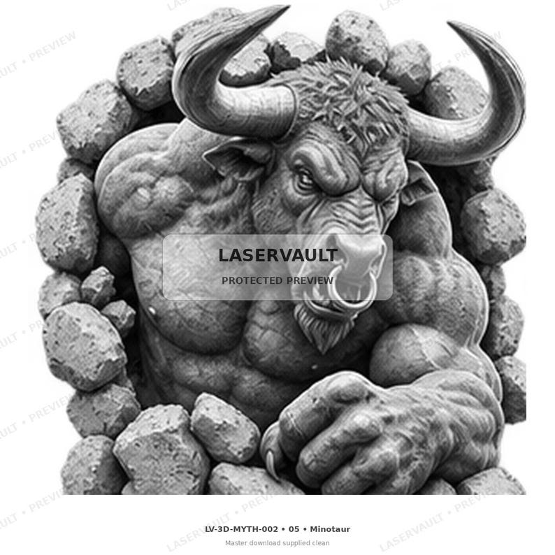 May include: A black and white graphic illustration of a muscular minotaur with large horns and a nose ring, emerging from a pile of rocks. The image features the text LASERVAULT PROTECTED PREVIEW and LV-3D-MYTH-002 05 Minotaur Master download supplied clean.