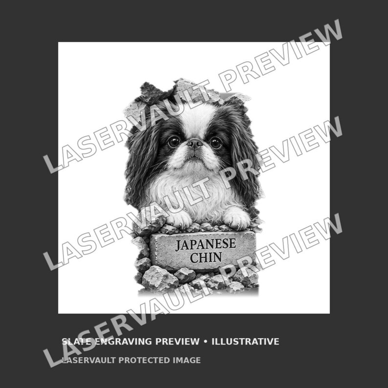 May include: A black and white engraved illustration of a Japanese Chin dog peeking out from behind a stone wall. The dog has long fur and large eyes. A rectangular stone plaque in the foreground features the text "JAPANESE CHIN" in capital letters.