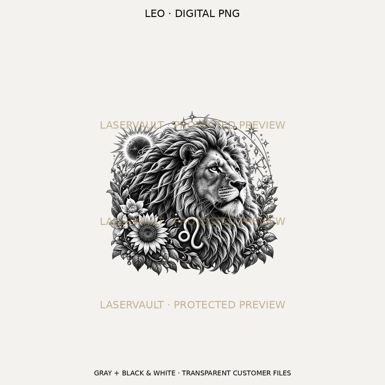 Puede incluir: Un gr&aacute;fico digital PNG en blanco y negro con una cabeza de le&oacute;n detallada rodeada de girasoles, hojas y un s&iacute;mbolo solar. El signo zodiacal Leo es visible en la melena. Texto: LEO DIGITAL PNG y LASERVAULT PROTECTED PREVIEW.