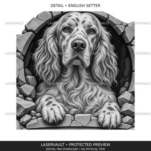May include: A black and white digital illustration of an English Setter dog peering through a circular hole in a stone wall. The dog has long, wavy fur with spotted markings on its face and paws. The text DETAIL &bull; ENGLISH SETTER is visible.