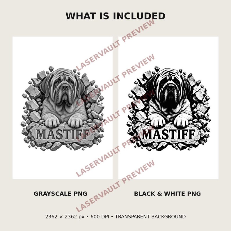 Peut inclure: Deux designs graphiques num&eacute;riques repr&eacute;sentant un chien Mastiff &eacute;mergeant d'un mur de pierre. Une version est en niveaux de gris et l'autre en noir et blanc contrast&eacute;. Les deux images incluent le texte MASTIFF sur une base en pierre.