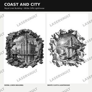 May include: Two black and white wall decals titled COAST AND CITY. The left decal shows the Royal Liver Building through a cracked stone hole. The right decal shows a lighthouse on the White Cliffs through a similar cracked stone opening.