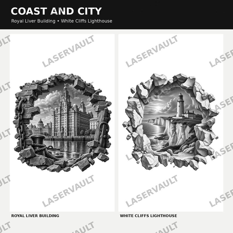 May include: Two black and white wall decals titled COAST AND CITY. The left decal shows the Royal Liver Building through a cracked stone hole. The right decal shows a lighthouse on the White Cliffs through a similar cracked stone opening.