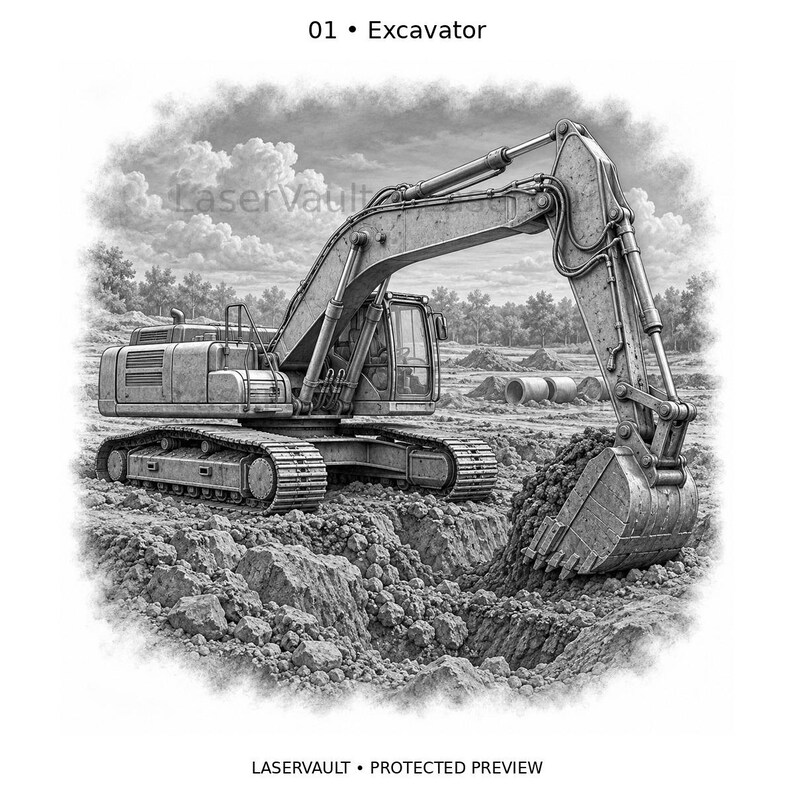 May include: A black and white illustration of an excavator digging into a dirt mound. The text 01 Excavator appears at the top, and LASERVAULT PROTECTED PREVIEW is at the bottom. The heavy machinery features a long arm, bucket, and tracks.