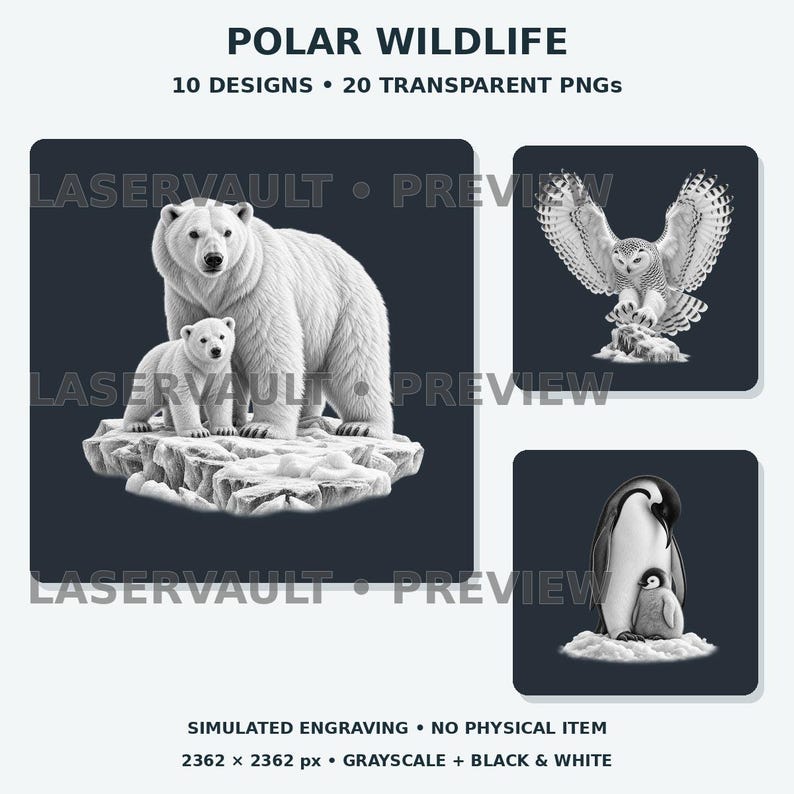 Op de afbeelding: Een digitale collectie getiteld POLAR WILDLIFE met 10 ontwerpen en 20 transparante PNG's. De afbeeldingen tonen grijstinten illustraties van een ijsbeer met jong, een sneeuwuil in vlucht en een pingu&iuml;n met een kuiken op ijs.