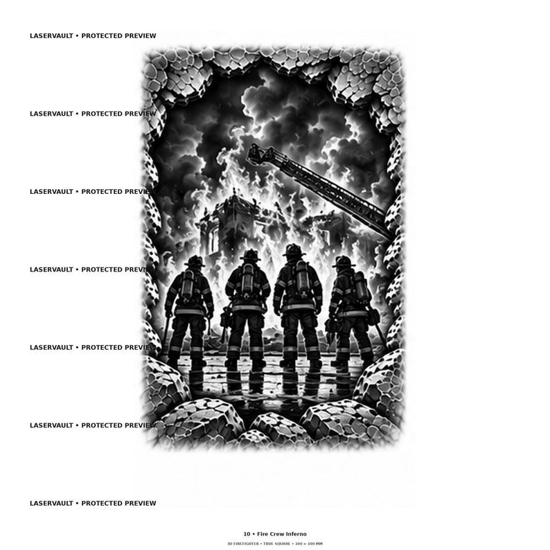 May include: A black and white graphic illustration depicting four firefighters in full gear standing before a burning building with a ladder truck visible in the smoke. The scene is framed by a jagged, stone-like border with the text LASERVAULT PROTECTED PREVIEW repeated along the left side and 10 Fire Crew Inferno at the bottom.