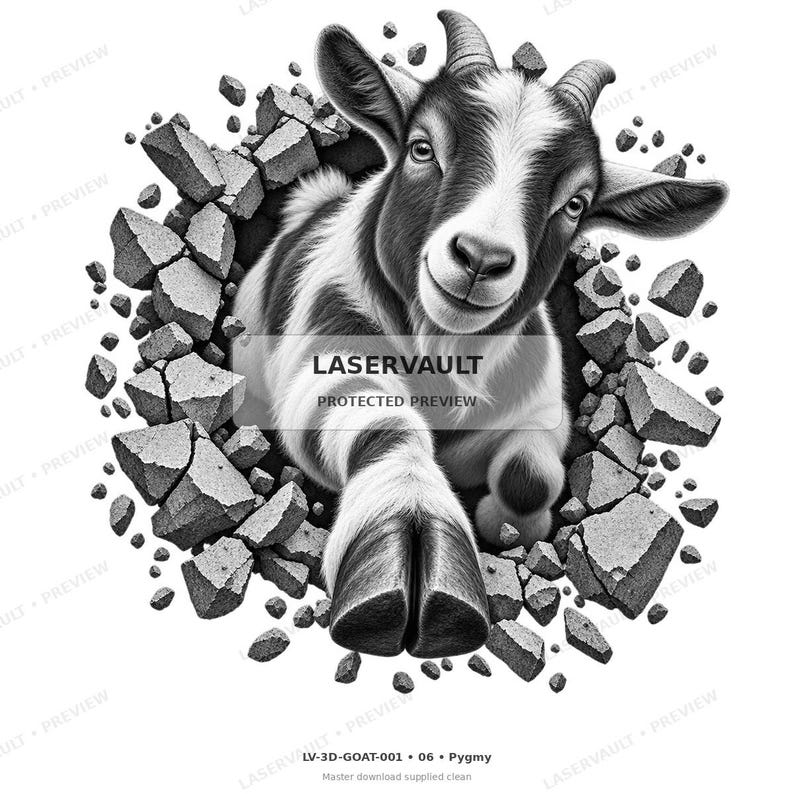 Op de afbeelding: Een zwart-witte illustratie van een geit die uit een gat in een gebarsten stenen muur komt. De geit heeft hoorns en kijkt naar voren met &eacute;&eacute;n hoef naar voren gestrekt. De tekst LASERVAULT PROTECTED PREVIEW staat in het midden van de afbeelding.