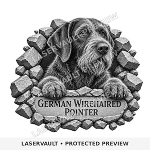 K&ouml;nnte beinhalten: Eine schwarz-wei&szlig;e grafische Illustration eines Deutsch Drahthaar Hundes, der durch ein Loch in einer Steinmauer schaut. Der Hund hat ein strukturiertes Fell und st&uuml;tzt seine Pfoten auf eine Steinplatte mit der Aufschrift GERMAN WIREHAIRED POINTER.