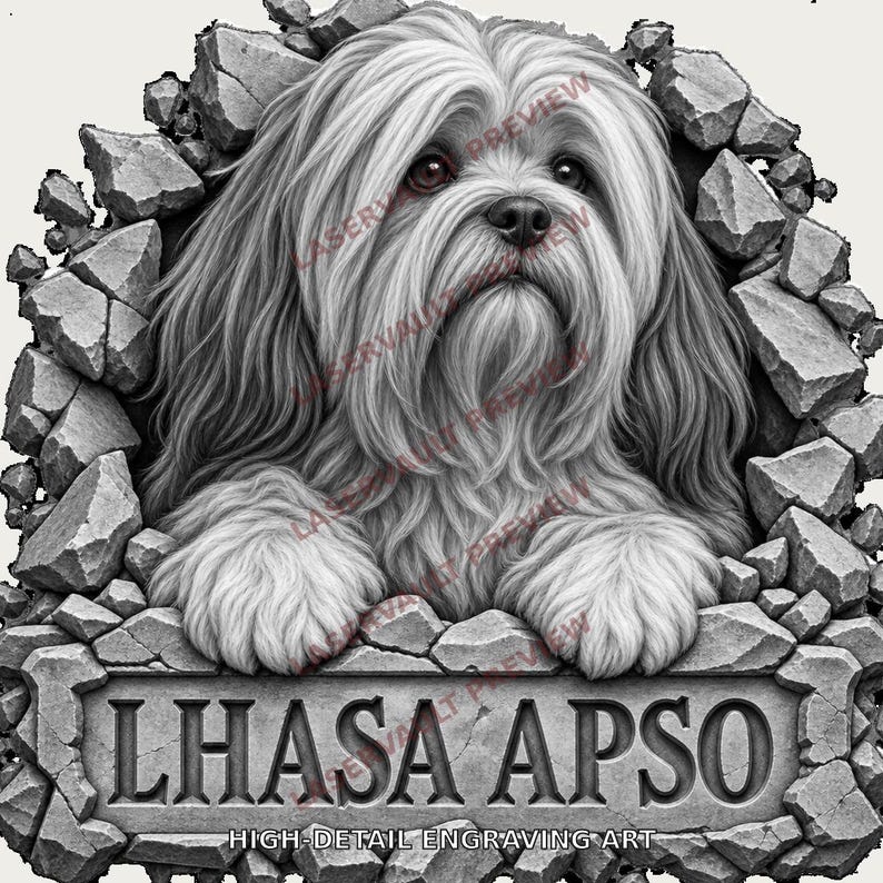 Op de afbeelding: Een zwart-witte grafische illustratie van een langharige Lhasa Apso hond die uit een gebroken stenen muur tevoorschijn komt. De hond rust zijn poten op een stenen plaquette met de tekst LHASA APSO en HIGH-DETAIL ENGRAVING ART.