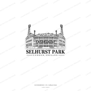 May include: A black and white line art illustration of Selhurst Park stadium in London, England. The design features the stadium structure with tall floodlight towers and the text SELHURST PARK LONDON, ENGLAND centred below the building.