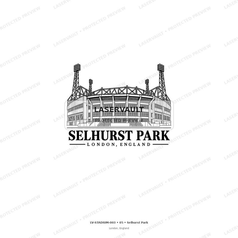 May include: A black and white line art illustration of Selhurst Park stadium in London, England. The design features the stadium structure with tall floodlight towers and the text SELHURST PARK LONDON, ENGLAND centred below the building.