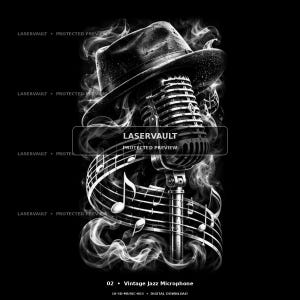 May include: A black and white graphic featuring a vintage microphone positioned beneath a fedora hat, surrounded by swirling smoke and musical staff lines with notes. The text LASERVAULT PROTECTED PREVIEW is visible on the image.