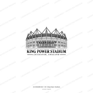 May include: A black and white line art illustration of the King Power Stadium in Leicester, England. The graphic features the stadium's architectural structure with prominent roof supports and the text King Power Stadium Leicester, England.