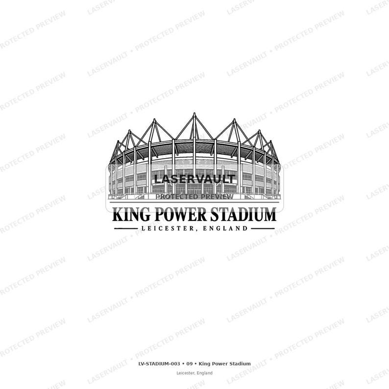 May include: A black and white line art illustration of the King Power Stadium in Leicester, England. The graphic features the stadium's architectural structure with prominent roof supports and the text King Power Stadium Leicester, England.