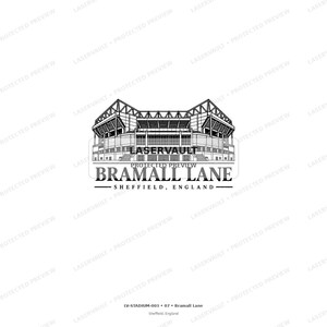May include: A black and white line art illustration of the Bramall Lane stadium in Sheffield, England. The graphic features the architectural structure of the stadium with the text BRAMALL LANE and SHEFFIELD, ENGLAND printed below the image.