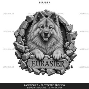 May include: A black and white graphic illustration of a fluffy Eurasier dog peering through a circular hole in a stone wall. The dog has its front paws resting on a stone ledge at the bottom, which features the text EURASIER in capital letters.