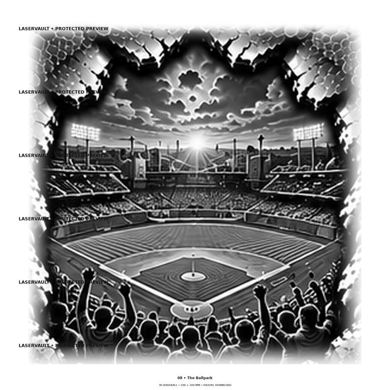 May include: A black and white digital illustration of a baseball stadium viewed from the stands, featuring a diamond field, stadium lights, and a crowd with raised arms. The text LASERVAULT PROTECTED PREVIEW appears repeatedly, with 08 The Ballpark below.