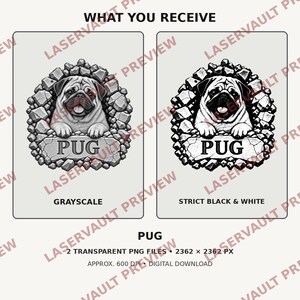 K&ouml;nnte beinhalten: Zwei digitale Grafikdateien eines Mopses, der durch eine Steinmauer schaut, beschriftet mit PUG. Eine Version ist in Graustufen, die andere in reinem Schwarz-Wei&szlig;. Der Text lautet WHAT YOU RECEIVE, PUG, 2 TRANSPARENT PNG FILES, 2362 X 2362 PX, 600 DPI, DIGITAL DOWNLOAD.