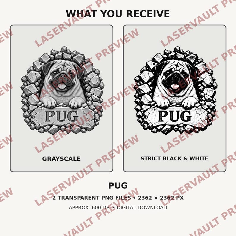 K&ouml;nnte beinhalten: Zwei digitale Grafikdateien eines Mopses, der durch eine Steinmauer schaut, beschriftet mit PUG. Eine Version ist in Graustufen, die andere in reinem Schwarz-Wei&szlig;. Der Text lautet WHAT YOU RECEIVE, PUG, 2 TRANSPARENT PNG FILES, 2362 X 2362 PX, 600 DPI, DIGITAL DOWNLOAD.