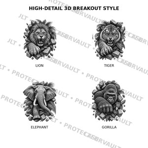 Puede incluir: Un conjunto de cuatro ilustraciones en blanco y negro etiquetadas como HIGH-DETAIL 3D BREAKOUT STYLE que muestran un le&oacute;n, un tigre, un elefante y un gorila. Cada animal aparece rompiendo un muro de piedra con follaje, con los nombres LION, TIGER, ELEPHANT y GORILLA impresos debajo de cada criatura.