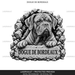 Puede incluir: Una ilustración gráfica en blanco y negro de un Dogue de Bordeaux emergiendo de un muro de piedra roto. El perro apoya sus patas delanteras sobre una losa de piedra rectangular que presenta el texto DOGUE DE BORDEAUX en fuente serif.
