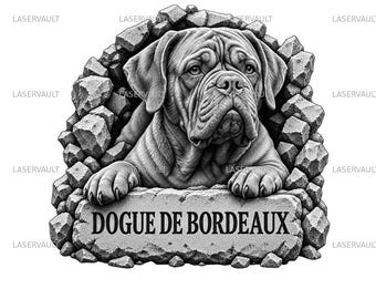 Op de afbeelding: Een zwart-witte grafische illustratie van een Dogue de Bordeaux die uit een gebroken stenen muur tevoorschijn komt. De hond rust zijn voorpoten op een rechthoekige stenen plaat met de tekst DOGUE DE BORDEAUX in een schreeflettertype.