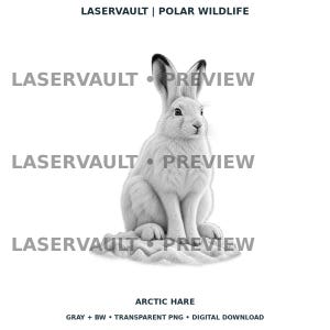 Op de afbeelding: Een zwart-witte digitale illustratie van een poolhaas die op een getextureerde basis zit. De afbeelding bevat de tekst LASERVAULT | POLAR WILDLIFE bovenaan, LASERVAULT &bull; PREVIEW herhaald in het midden en ARCTIC HARE onderaan.