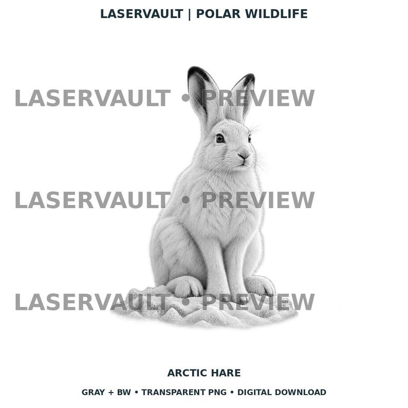 Op de afbeelding: Een zwart-witte digitale illustratie van een poolhaas die op een getextureerde basis zit. De afbeelding bevat de tekst LASERVAULT | POLAR WILDLIFE bovenaan, LASERVAULT &bull; PREVIEW herhaald in het midden en ARCTIC HARE onderaan.