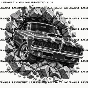 May include: A black and white graphic illustration of a classic muscle car bursting through a wall of concrete blocks. The text LASERVAULT &bull; CLASSIC CARS 3D BREAKOUT &bull; 01/10 appears at the top, with the word LASERVAULT repeated across the image.