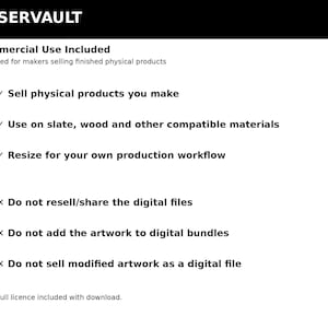 Puede incluir: Un documento de licencia digital titulado LASERVAULT con texto negro sobre fondo blanco. Enumera los t&eacute;rminos de uso comercial, incluida la venta de productos f&iacute;sicos hechos de pizarra o madera, y proh&iacute;be la reventa o el intercambio de archivos.