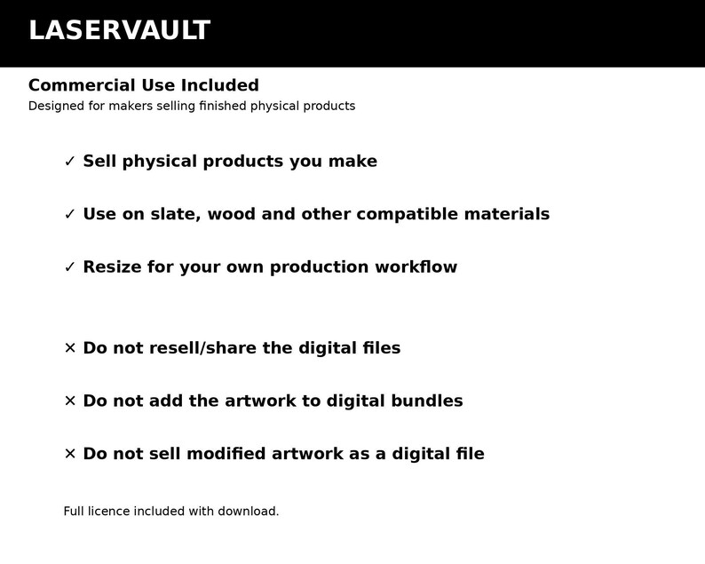 Puede incluir: Un documento de licencia digital titulado LASERVAULT con texto negro sobre fondo blanco. Enumera los t&eacute;rminos de uso comercial, incluida la venta de productos f&iacute;sicos hechos de pizarra o madera, y proh&iacute;be la reventa o el intercambio de archivos.
