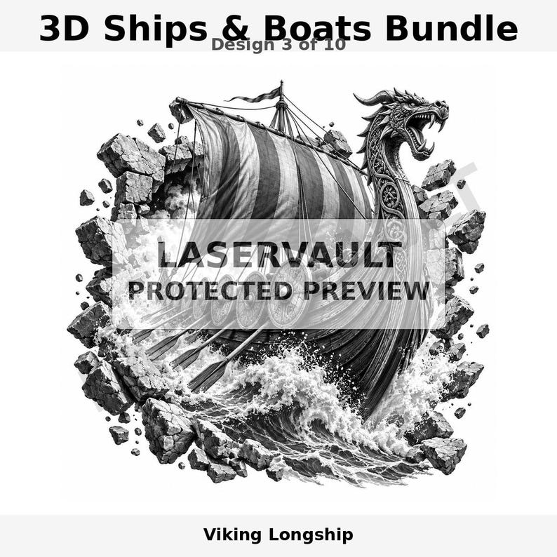 Op de afbeelding: Een zwart-witte digitale illustratie van een Viking-langschip met een drakenkop als boegbeeld, die uit een stenen muur breekt. Het schip heeft een gestreept zeil, roeispanen en schilden, omringd door golven en steenbrokken. Tekst: LASERVAULT PROTECTED PREVIEW.