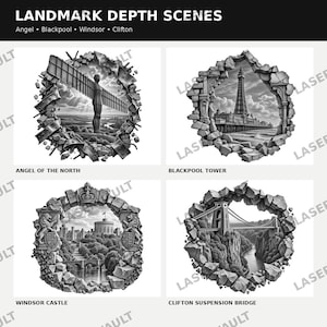 May include: A collection of four black and white graphic designs titled LANDMARK DEPTH SCENES, featuring the Angel of the North, Blackpool Tower, Windsor Castle, and Clifton Suspension Bridge, each framed within a jagged, broken stone wall effect.