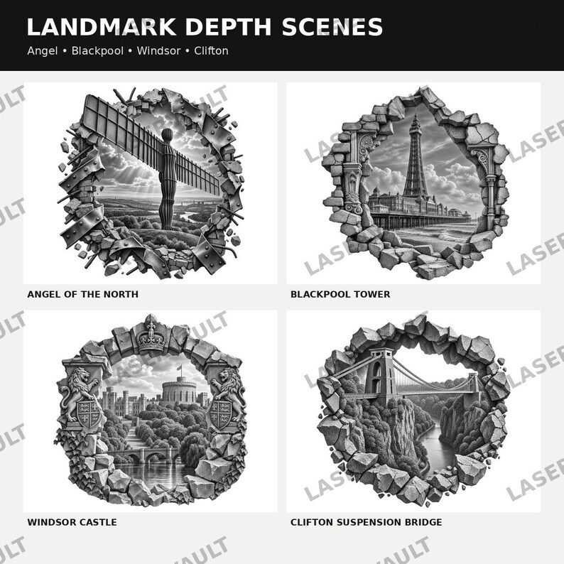 May include: A collection of four black and white graphic designs titled LANDMARK DEPTH SCENES, featuring the Angel of the North, Blackpool Tower, Windsor Castle, and Clifton Suspension Bridge, each framed within a jagged, broken stone wall effect.